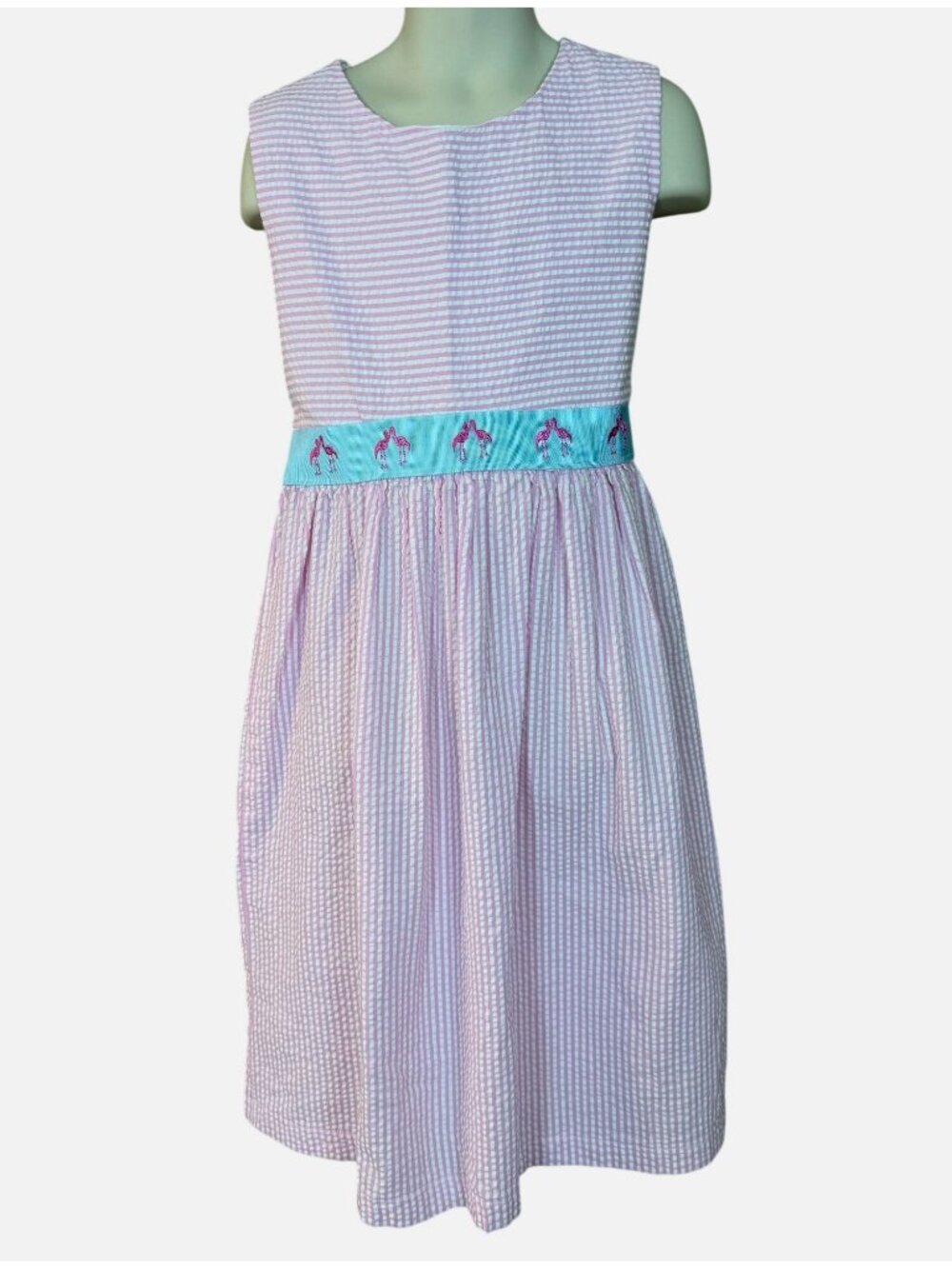 The Groovy Gator Sleeveless Pink White Striped Seersucker Dress Flamingos 8